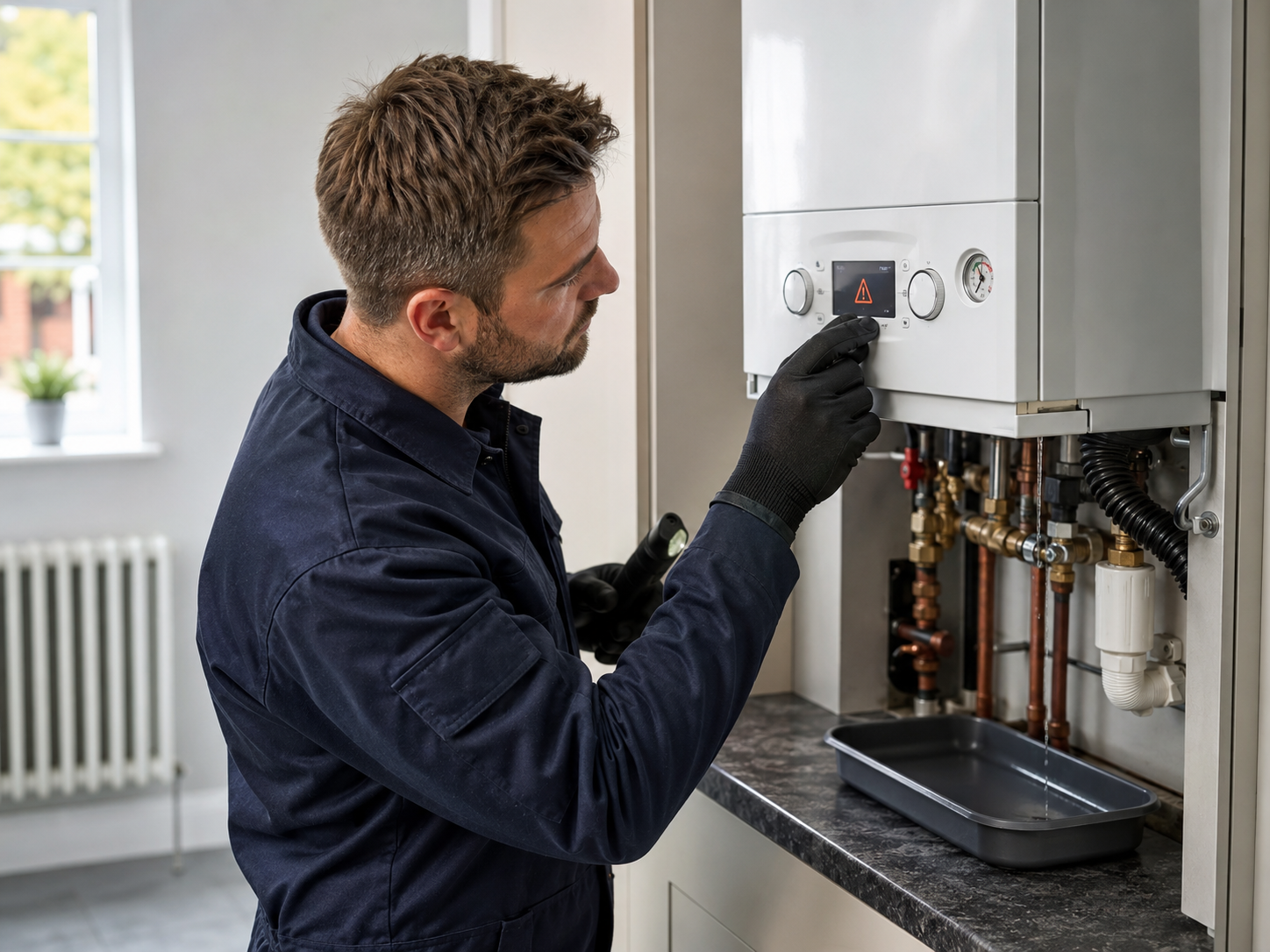 Heating engineer checking a faulty wall-mounted boiler during a boiler repair visit