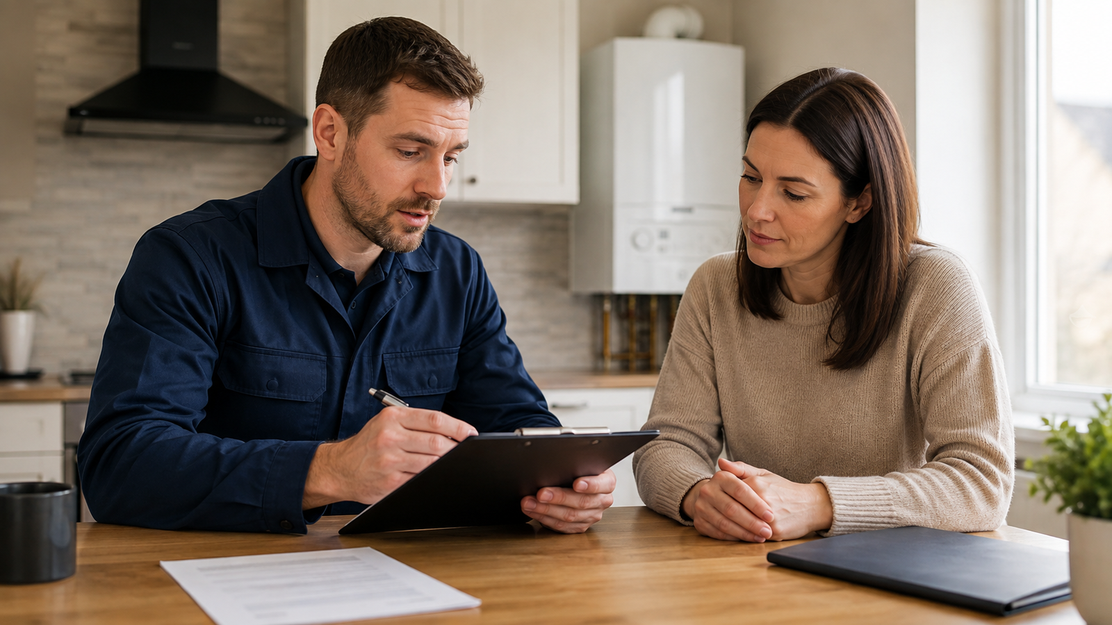 Heating engineer explaining gas safety certificate pricing to a landlord in a UK rental property