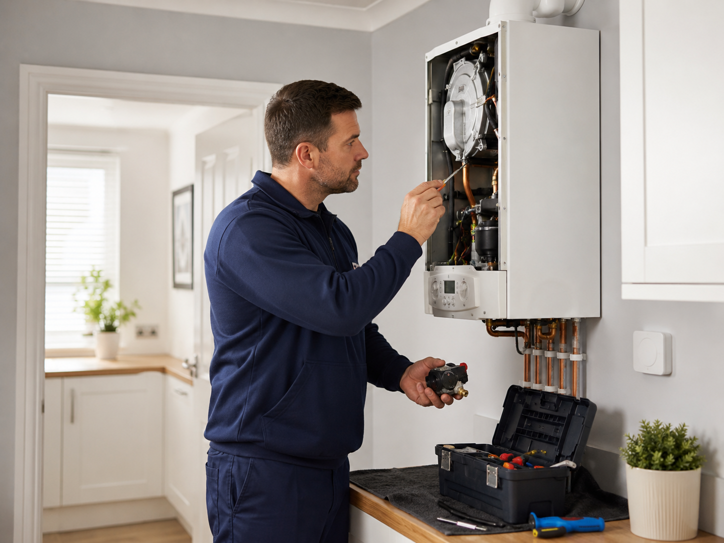 Heating engineer inspecting and repairing a wall-mounted boiler in a UK home