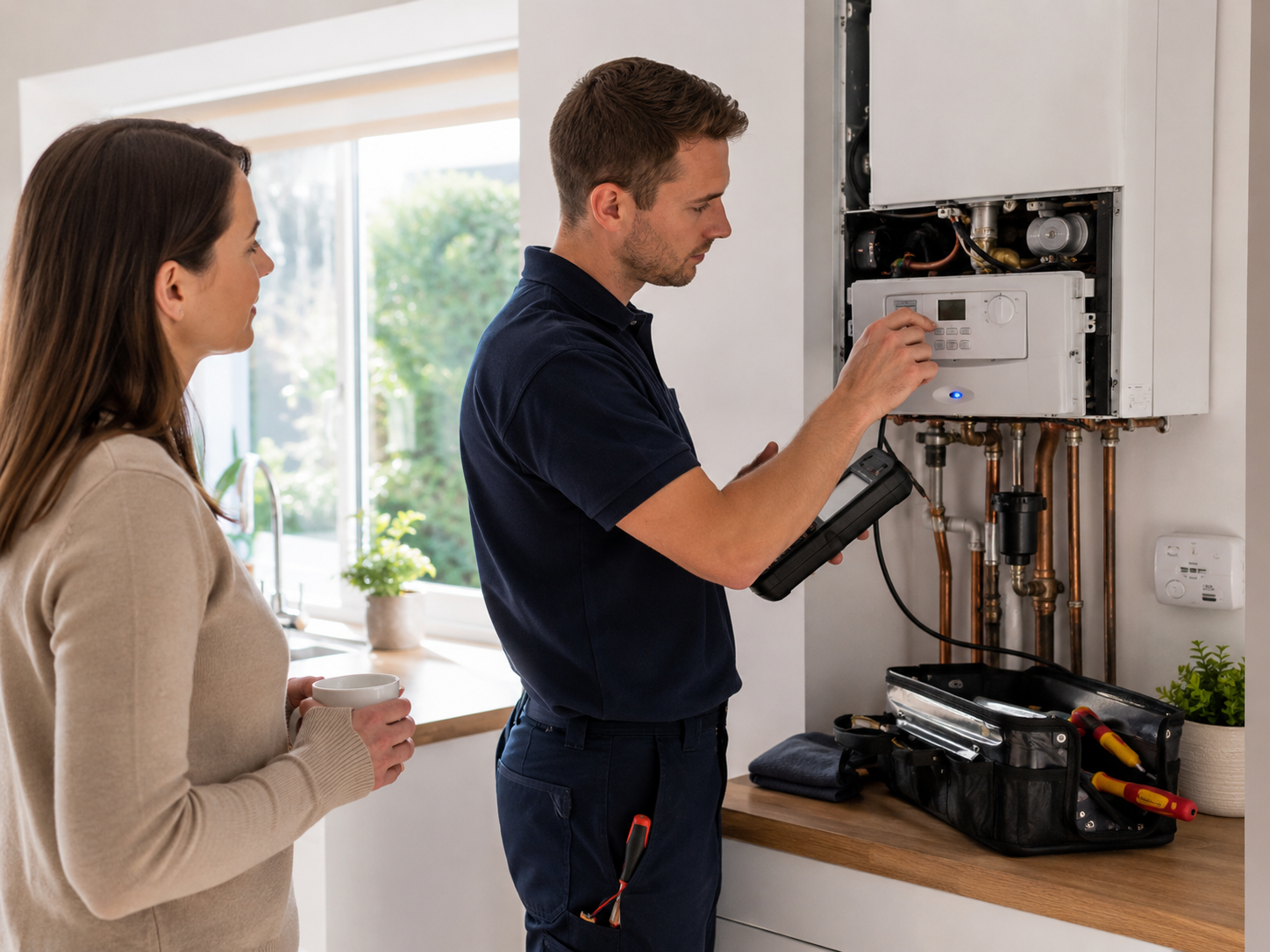 Gas Safe engineer checking a wall-mounted boiler during an emergency callout while a homeowner watches in a modern kitchen
